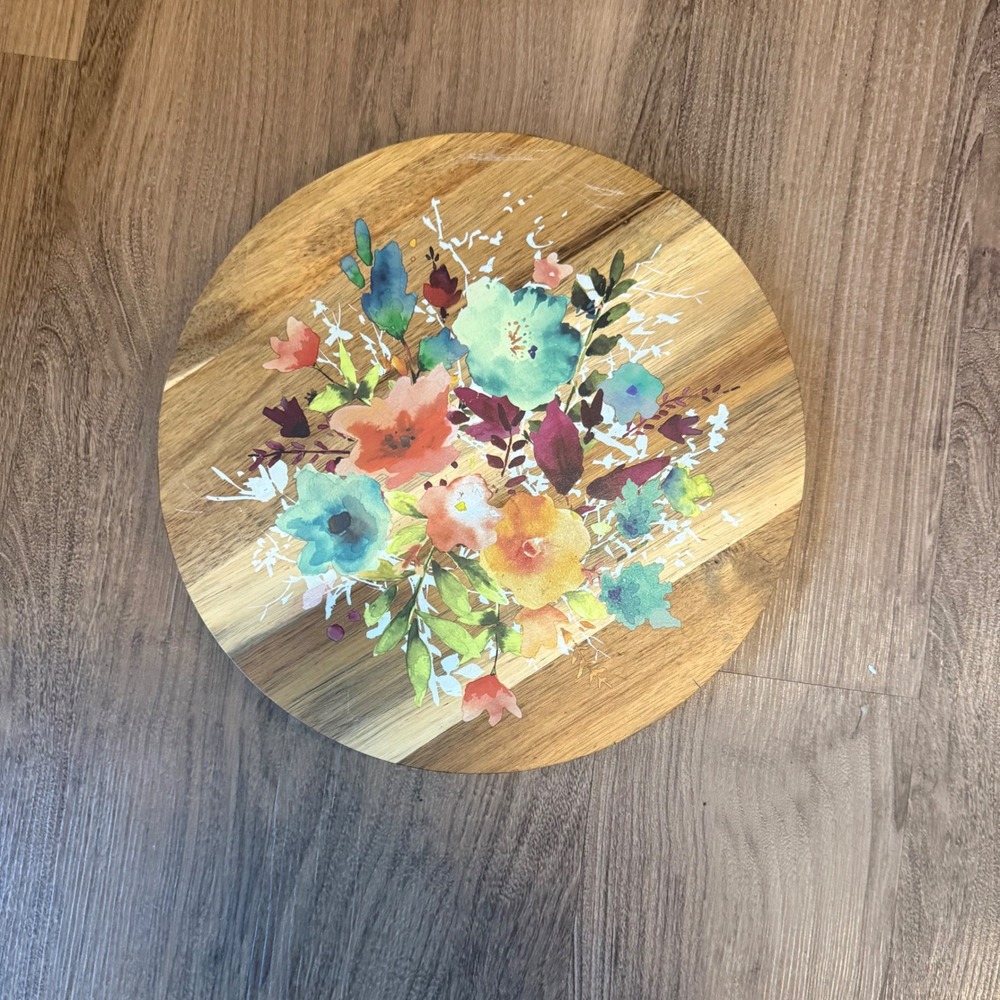 The Pioneer Woman Acacia Wood Lazy Susan Floral Watercolor Rotating Serving Tray